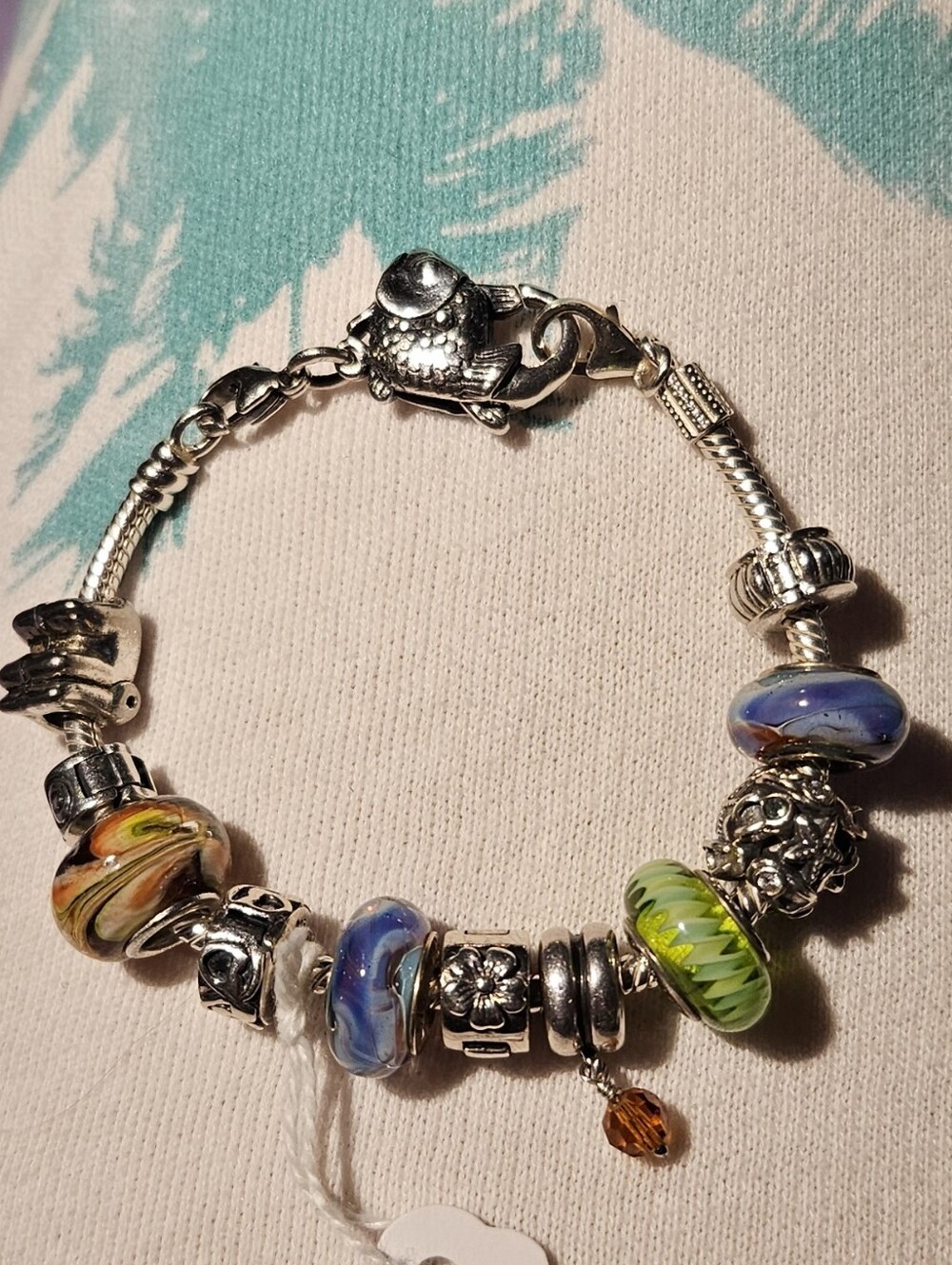 Silver Charm Bracelet with Murano  Multicolor Glass And Troll Beads